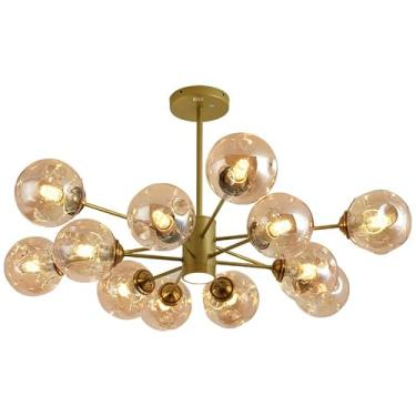 Imagem de Lustre de vidro Sputnik dourado de 10 luzes para foyer, vidro âmbar, moderno, de meados do século, luminária pendente industrial de LED para cozinha, ilha, quarto, mesa de jantar, sala de es