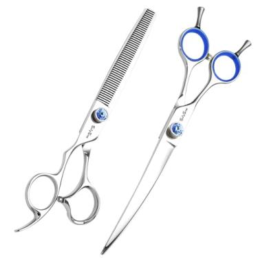 Imagem de 7 polegadas esquerda 30 ° curvo cão cuidado tesoura, japonês VG10 aço profissional animal de estimação tesoura, 50 dentes mais fino com segurança sem ruído ponta blunt, taxa de diluição de 30%