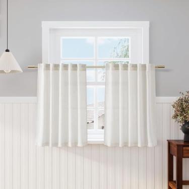 Imagem de Nanspring Cortinas curtas de linho para janela de cozinha, 91 cm de comprimento, sobre a pia, moderno, neutro, creme, semitransparente, aba traseira e varão, cortinas de bolso para varão, para