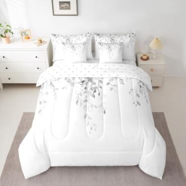 Imagem de Erosebridal Conjunto de cama King Grey de eucalipto, 7 peças, com folhas de plantas em aquarela, botânico, rústico, para quarto de crianças, adolescentes e adultos, conjunto de lençol branco