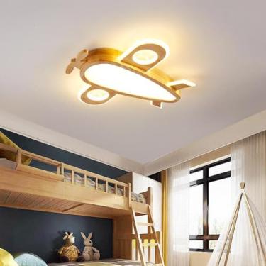 Imagem de Luminária de teto infantil de madeira LED para quarto infantil, luminária de avião, luminária de teto regulável, design criativo de desenho animado para quarto, com controle remoto, iluminaç