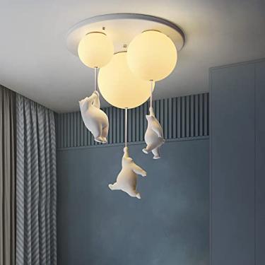 Imagem de Luminária de teto semi-embutida, lustre fofo com cúpula de vidro creme, 3 lâmpadas, balão, design de urso polar, luminária de teto para berçário, sala de jantar, sala de estar, quarto, 19,5"