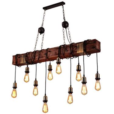 Imagem de Lustre industrial vintage, luminária pendente de madeira com 10 lâmpadas de metal, luminária suspensa retrô, altura ajustável, luz de teto para sala de estar, iluminação de bar, soquete E27,