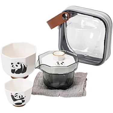 Imagem de Conjunto de chá de cerâmica panda fofo, conjunto de chá de cerâmica chinesa com 1 bule de chá e 2 xícaras de chá, conjuntos de chá Kungfu de viagem portáteis feitos à mão, conjunto de chá de panda