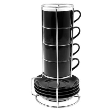 Imagem de 4 peças de xícara de cappuccino de cerâmica com pires e suporte de metal copos de café expresso empilháveis para café expresso especializado bebidas latte americano e chá (preto, 1)