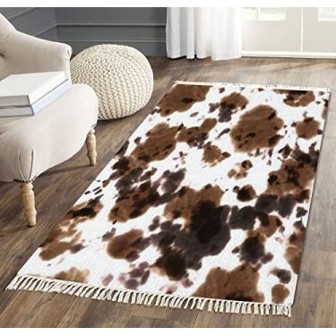 Imagem de Tapete de área com borlas de vaca tie dye sem costura aquarela desenhado à mão branco marrom cor tecido franja tapete tapete de chão tapete de pátio corredor tapete minimalista decoração de casa sala