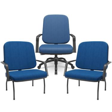 Imagem de Kit Cadeira de Escritório Giratória e 2 Cadeiras Fixas Preta Magno P03 Crepe Azul - Lyam Decor