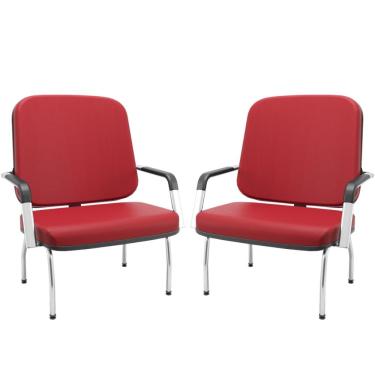 Imagem de Kit 02 Cadeiras de Escritório Recepção com Braço Fixa Cromada Magno P03 Vinil Vermelho - Lyam Decor