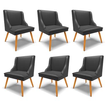 Imagem de Kit 6 Cadeiras Decorativas Sala de Jantar Pés Palito de Madeira Firenze PU Preto Fosco/Natural G19 - Gran Belo