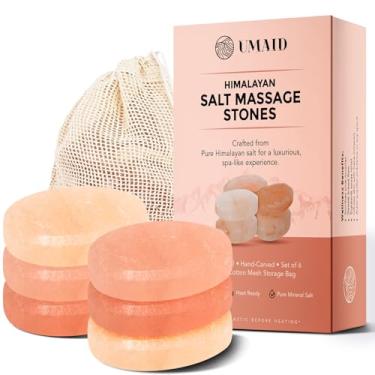 Imagem de UMAID Pacote com 6 pedras de massagem de sal do Himalaia com bolsa de malha de algodão esculpidas à mão pedras de spa de cristal rosa para relaxamento, autocuidado e presente de férias
