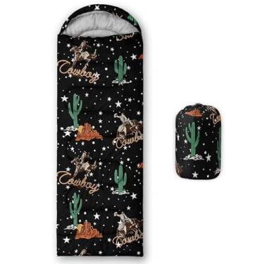 Imagem de AILONEN Saco de dormir de acampamento de cowboy ocidental, clima quente e frio, leve, impermeável, estilo cowboy saco de dormir estilo retrô para crianças, adultos, viagens, atividades ao ar livre