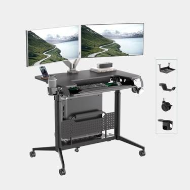 Imagem de JWX Mesa móvel pequena com rodas – mesa com rodinhas de altura ajustável com bandeja de teclado e descanso de pulso, estação de trabalho móvel de PC de plataforma dupla com suporte para copo e fone de