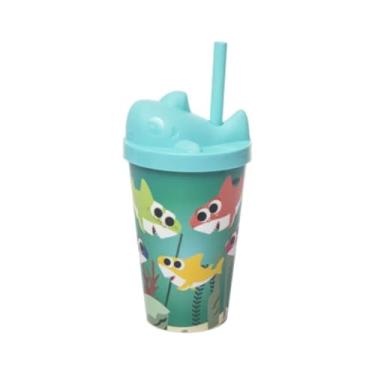 Imagem de Copo Infantil Personalizado de Canudo com Tampa 3d animais divertidos TUBARÃOZINHO- TIFFANY 350ml