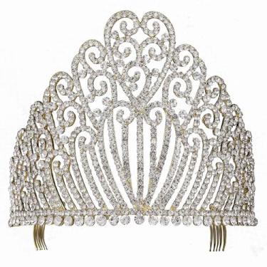 Imagem de Janefashions 13 cm de altura, transparente, cristal austríaco, strass, concurso de noiva, teatro, véu de festa, faixa de cabeça, princesa rainha tiara com pentes de cabelo coroa banhada a ouro T11990g