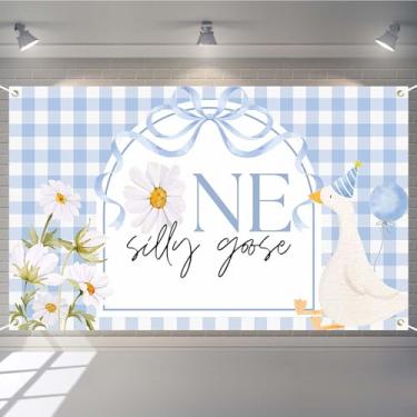 Imagem de Joliaco One Silly Goose pano de fundo azul guingão ganso faixa de festa de primeiro aniversário aquarela arco floral tema menino 1º aniversário decorações de cabine de fotos adereços (azul, 1,8 x 1,1