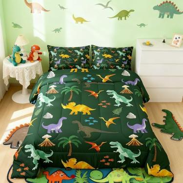 Imagem de Feelyou Conjunto de cama de dinossauro, estampa digital 3D, tamanho casal, selva, dinossauro, edredom de microfibra, árvore tropical, verde, azul, amarelo, 3 peças com 2 fronhas