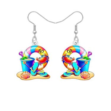 Imagem de Brincos pendentes de praia tropical havaiana, festa de luau de verão com boia de caranguejo, prancha de surf, palmeira, bebida de coco, designs de anel de natação arco-íris de concha, pingente de