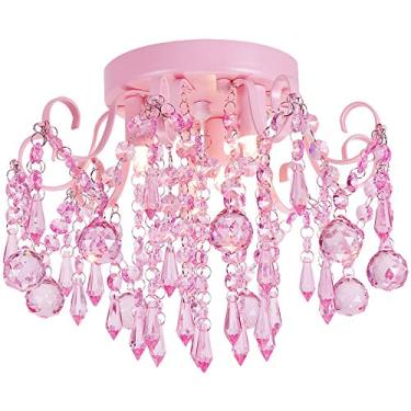 Imagem de Q&S Mini candelabro de cristal, suporte semi nivelado rosa menina lustre, pequena luminária de teto de cristal quarto banheiro armário berçário 3 luzes