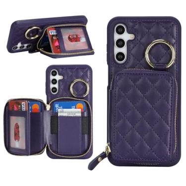Imagem de Hamany Capa carteira para Galaxy A15 com suporte para cartão, para Galaxy A15 capa de telefone carteira com zíper com compartimento para suporte capa para mulheres e homens - roxo