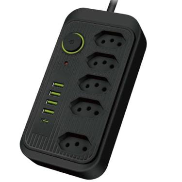 Imagem de Extensão Tomada 2 Metros com 5 Tomadas 4 Portas USB e 1 Porta USB Tipo C Linha Premium Carregamento Power (Preto)