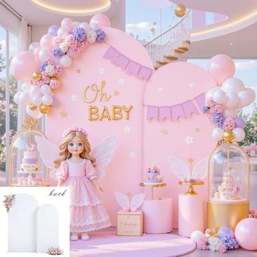 Imagem de Conjunto de 2 capas de fundo de arco rosa e branco - Capas de arco rosa de 2,2 m e 1,8 m de tecido elástico elastano para decoração de festa de aniversário, formatura, cabine de fotos