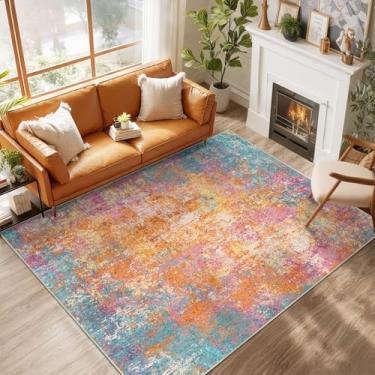 Imagem de RELEANY Tapetes laváveis 2,5 m x 30,5 cm, antiderrapante, moderno, abstrato, macio para sala de estar, entrada, quarto, berçário, padrão, laranja, azul, rosa, amarelo, colorido