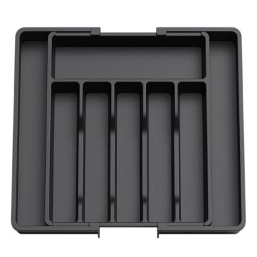 Imagem de Porta Talheres Organizador Gaveta Ajustável com 8 Divisórias Preto Bandeja Grande Divisor Versátil para Cozinha Ideal Talher Utensílios Facas Suporte Separador Plástico Resistente.