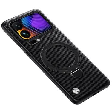 Imagem de POYUFRG Capa magnética para Xiaomi 17 Pro Max/17 Pro/17, capa de telefone fina de couro com padrão de fibra de carbono com suporte de anel de metal, preta, 17 ProMax