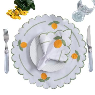 Imagem de Kit 12 Pçs 6 Lugares Mesa Posta Sousplat Jogo Americano Limão Siciliano Bordado (Jogo Americano + Guardanapo), Cor Branco