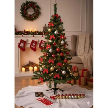 Imagem de Conjunto de Decoração Natalina com Árvore de Natal Artificial, 100 LEDs, Luzes Coloridas e Brancas, Bolas Decorativas, Laços Vermelhos e Guirlanda