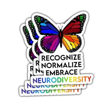 Imagem de 3 peças adesivos Recognize Normalize Embrace Neurodiversity – Adesivos de neurociência de conscientização sobre autismo e saúde mental borboleta arco-íris para garrafa de água, laptop, carro, capacete