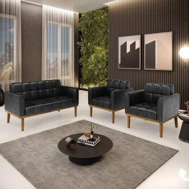 Imagem de Conjunto 2 Poltronas E 1 Namoradeira Decorativa Pés Fixo Em Madeira Castanho Pu Preto Brilho