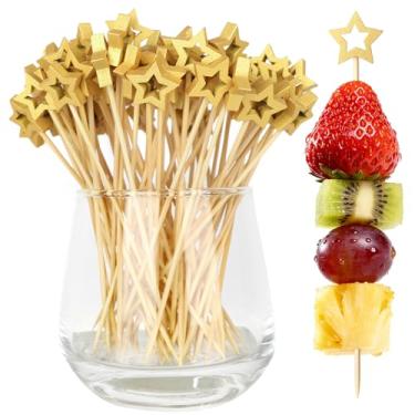 Imagem de 100 peças de palitos de coquetel Gold Star, palitos decorativos chiques para aperitivos, espetos de bambu de 14 cm de comprimento, varas de enfeite de madeira para bebidas, alimentos, frutas