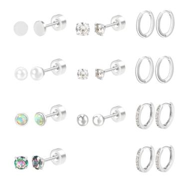 Imagem de LUXU kisskids Conjunto de 11 pares de brincos para mulheres e homens, brincos de argola de prata, zircônia cúbica, cartilagem, aço inoxidável, não mancha, hipoalergênicos, conjunto de joias, presente