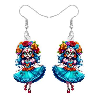 Imagem de BONSNY Brincos femininos com pingente de caveira de açúcar para Halloween, joia fofa do Dia dos Mortos, acessórios de calavera florais coloridos, presente mexicano Dia de los Muertos, Medium, Metal