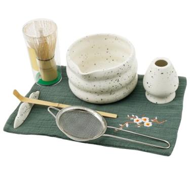 Imagem de ZJRDYYK Conjunto de 7 peças de batedor Matcha inclui tigela matcha de cerâmica de 510 g, batedor e suporte, colher de bambu e suporte de colher de cerâmica, peneira de aço inoxidável, toalha de chá