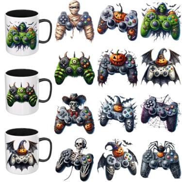 Imagem de Adesivos de Halloween Elewins UV DTF - 12 folhas controlador de jogo UV DTF envoltório de copo para canecas de vidro café, decalques DIY para copos, esfregar à prova d'água em transferências para