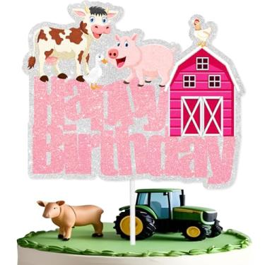 Imagem de Topo de bolo rosa fazenda feliz aniversário, tema de chá de bebê animais rosa fazenda para meninos e meninas suprimentos de decoração de festa de aniversário