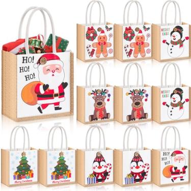 Imagem de Abbylike 12 peças, bolsa de lembrancinha de festa de Natal e inverno, mini bolsa de presente de estopa com botão de alça para artigos de aniversário (Merry Christmas)