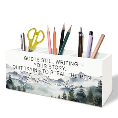 Imagem de TFKFJLF Porta-lápis de madeira inspirador cristão, presentes cristãos para mulheres, versículo bíblico, suporte de caneta religioso, organizador de madeira para casa, dormitório, escritório
