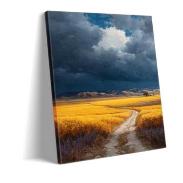 Imagem de CANLUNTE Impressão em tela de pintura de paisagem Moody - Céu tempestuoso dramático sobre o campo de trigo dourado, decoração rústica de fazenda inspirada no vintage, arte de parede grande para sala
