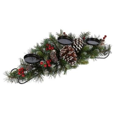 Imagem de Suporte de vela de mesa de férias, design de guirlanda de Natal, 3 xícaras, pinha e baga vermelha, ferro e PVC, decoração festiva