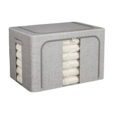 Imagem de flaxarne Caixa de armazenamento retangular com janela dupla transparente organizador de tecido dobrável com tampa com zíper para roupas, cobertores, livros, presente 41 x 30 x 20 cm