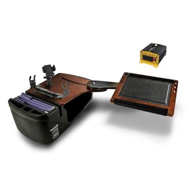 Imagem de AutoExec AE-RDBSLH-PI-PS-PM-21M Reach Car Desk para sua estação de trabalho e escritório móvel, banco traseiro lado esquerdo, mogno com inversor de potência de 400 watts, suporte de impressora e