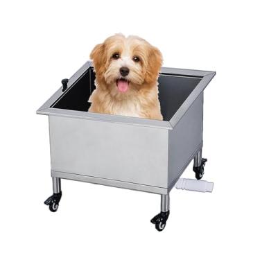 Imagem de Banheira de cuidados para cães de estimação, estação de banheira de cuidados com animais de estimação para casa com 360 rodas giratórias, pia interna e externa (48 cm/18,8 pol.)