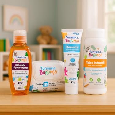 Imagem de Kit Higiene Infantil para Bebês, Sabonete Líquido 200ml, Talco 45g, Pomada, Lenços Umedecidos 120 Unidades, Vegano