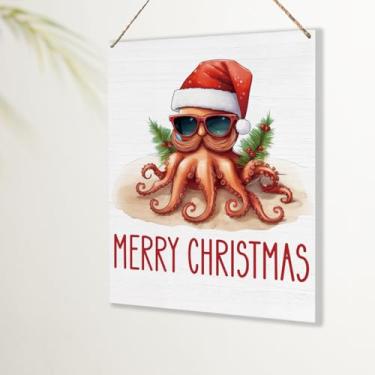 Imagem de Placa de decoração de Natal de polvo costeiro presentes de praia para mulheres e homens amantes da praia Feliz Natal Sinal de decoração para pendurar na porta de parede para casa, escritório, cozinha