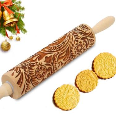 Imagem de Rolo de massa em relevo para assar biscoitos de Natal em relevo com design de madeira gravado Springerle Roller Pin Massa padronizada argila cerâmica padeiros femininos (flor floco de neve paisley)