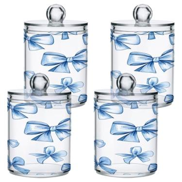 Imagem de ATTX Dispensador de suporte Qtip Blue Bows para bola de algodão, cotonete, frasco de boticário de plástico transparente, pote de armazenamento de cozinha para decoração de casa, pacote com 4 (174)