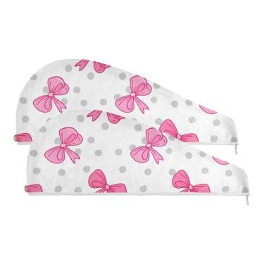 Imagem de SEHANY Linda toalha de cabelo de microfibra com laço rosa para mulheres, 2 peças, turbantes de cabelo de secagem rápida com botão, touca de cabelo seco absorvente toalha de secagem de cabelo para